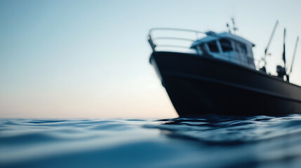 Out-of-focus ocean scene showcasing a boat against a tranquil sky. Peaceful seascape with gentle waves.