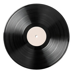 Isolated black vinyl record with a blank label in the center against a black background view from above