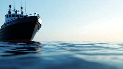 Ocean vessel slicing through the waves on a serene day, evoking adventure and the vastness of the sea.