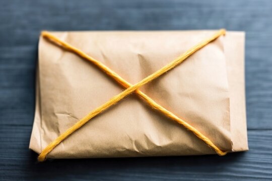 Brown paper package tied with yellow string on dark wooden surface