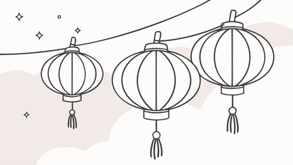 Chinese lanterns line art, vector illustration of three hanging festive lights with tassels. Minimalist oriental design for celebration or holiday theme.
