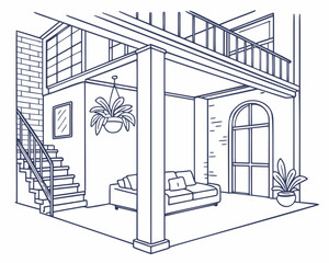 Isometric urban loft interior, vector line art of minimalist living room with mezzanine floor and stairs. Bohemian sketch featuring sofa and modern decor.