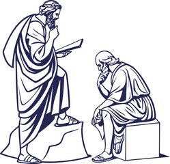 Ancient Greek philosophers, line art vector sketch in a minimalist style, resembling Socrates and Plato. Historical illustration for education, wisdom, and classic philosophy themes.
