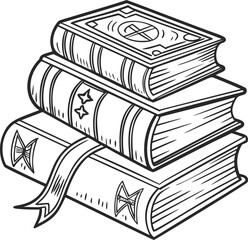 Stack of vintage books, line art illustration of three old volumes with decorative covers and a bookmark. Monochrome sketch for education, reading, or historic library theme design.