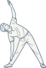Side bend stretch, a minimalist line art drawing of a man performing a yoga or fitness pose. Outline sketch showing a healthy person exercising, promoting wellness and active lifestyle.