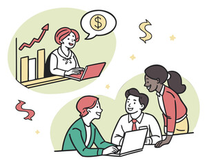 Business team, a cartoon of office workers discussing strategy and financial growth. Coworkers collaborating with laptops, depicting teamwork and success in a startup or project.