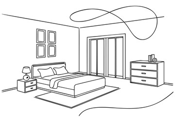 Minimalist bedroom interior, line art drawing of a modern room with a bed, wardrobe, and nightstands. Continuous line sketch of home decor with elegant furniture and framed pictures on the wall.
