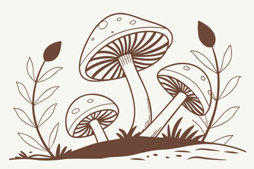Mushroom line art, contemporary stylized toadstools and plants growing in the ground. Minimalist nature design of wild fungus for a botany or fantasy theme.