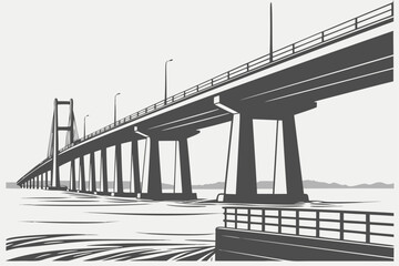 Bridge over water, monochrome minimalist line art illustration of a long and modern urban construction. Black and white simple design for transport, travel, or architecture themes.