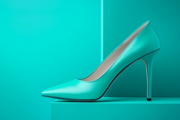 Elegant turquoise leather high heel shoe on matching background.