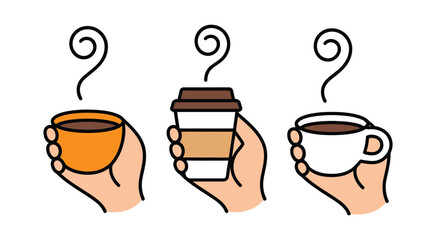 Hand Holding Takeaway Cup with Hot Drink and Steam Swirl – Perfect Simple Vector Illustration in Colored Style Isolated on Transparent Background for Marketing Design