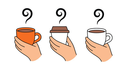 Hand Holding Takeaway Cup with Hot Drink and Steam Swirl – Perfect Simple Vector Illustration in Colored Style Isolated on Transparent Background for Marketing Design