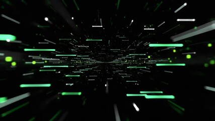Moving through parts of the source code of a computer program in virtual space. Animation. Abstract flowing lines of changing symbols on black background, seamless loop..