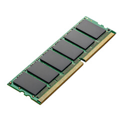 Close up view of a green ram stick with black chips and gold connectors on a black background