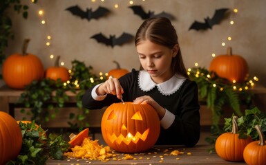 Caucasian Child carving jack o' lantern for Halloween. Happy girl in costume cutting spooky face on pumpkin. Autumn seasonal decoration banner for postcard with copy space.