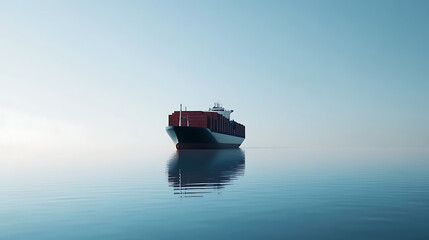 Fototapeta premium Cargo ship with stacked containers crosses smooth water surface against clear blue sky. Represents global trade and transportation on the ocean.