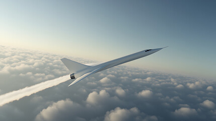 Obraz premium Supersonic Flight: Sleek plane soars above clouds, leaving a stream of vapor. Engineering marvel in the sky, pushing boundaries of speed and innovation.