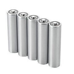 A close up studio shot of five silver aa batteries aligned in a row on a black background with soft lighting