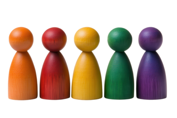 Colorful wooden figures lined up on a white background showcasing vibrant tones and simple shapes for creative play and educational purposes