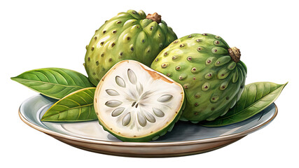 Delicious Atemoya Fruit on Plate with Leaves in a Watercolor Style