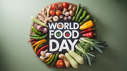 Fresh produce and greens frame bold stylish World Food Day message.