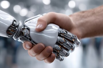 Human and robot shake hands to symbolize collaboration and technology advancement