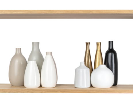 Pair of Ceramic Vase Arrangements with Wooden Shelf – isolated on transparent background