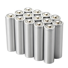A close up shot of a group of silver aa batteries arranged neatly on a plain black background surface