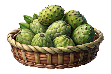 Obraz premium A Woven Basket Overflowing with Fresh Green Cherimoya Fruits and Leaves