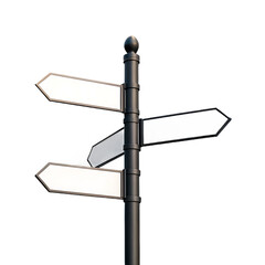 Direction sign with multiple blank arrow shaped signs pointing in different directions on a black pole