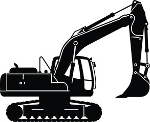 Black silhouette illustration of tracked excavator, digging arm and bucket detail, heavy construction equipment, vector industrial design, white background