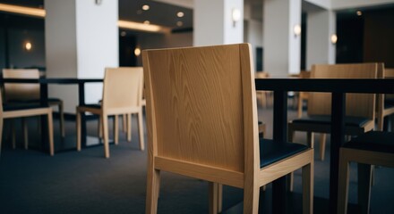 Modern minimalist dining area with light wood chairs and dark tables.  Spacious interior design