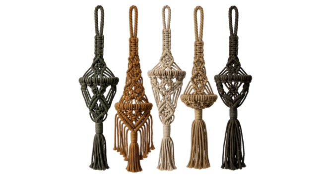 Five macrame plant hangers, in various earthy tones and intricate knot patterns, isolated on white or transparent background, AI