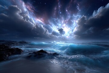 Obraz premium Vibrant ocean waves illuminated under a starry sky at dusk near rocky shoreline