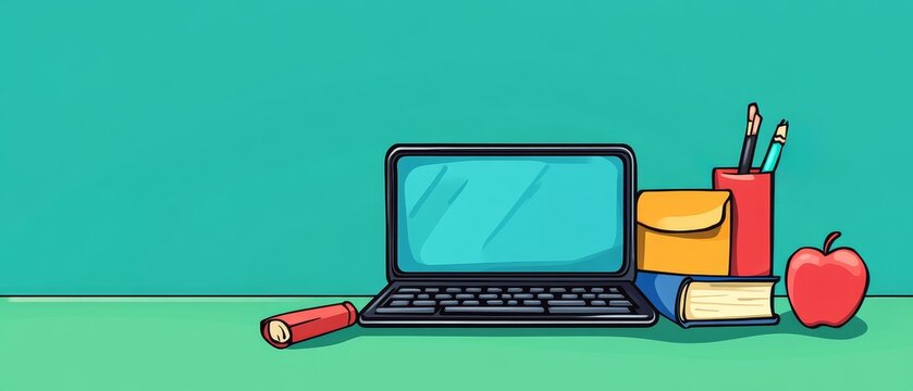 Colorful illustration of laptop, books, stationery, and apple representing online education essentials on a vibrant turquoise background with copy space