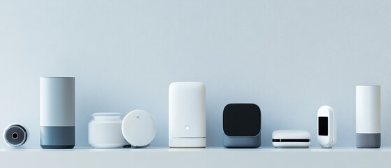 Variety of modern smart home devices and gadgets arranged on a clean white surface, showcasing the latest in home automation technology