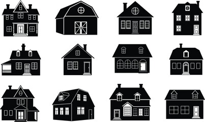 Black silhouette illustration of various house designs, residential architecture styles in grid layout, vector building icons, white background, real estate concept