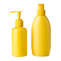 Two bright yellow plastic bottles with pump dispensers for liquids isolated on transparent background