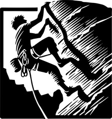 Male Mountain Climber Going Up A Cliff Face, Black And White Silhouette 