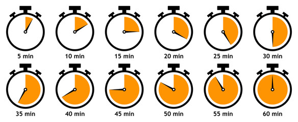 Collection of stopwatch icons showing countdown times from 5 to 60 minutes with orange segments. Vector illustration.