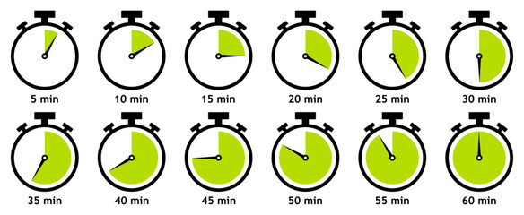 Collection of stopwatch icons showing countdown times from 5 to 60 minutes with bright green segments. Vector illustration.