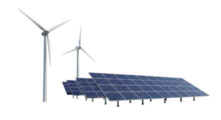 Two white wind turbines and a row of blue solar panels, isolated on white or transparent background. PNG