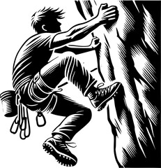 Male Mountain Climber On A Cliff Face, Black And White Silhouette