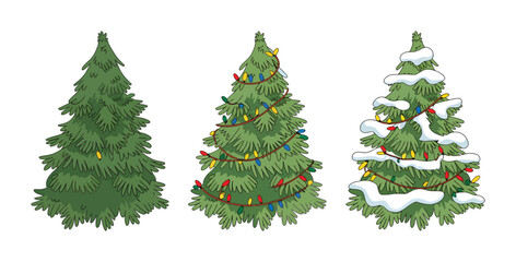 Fototapeta premium Decorated christmas trees vector set with lights garland and snow illustration