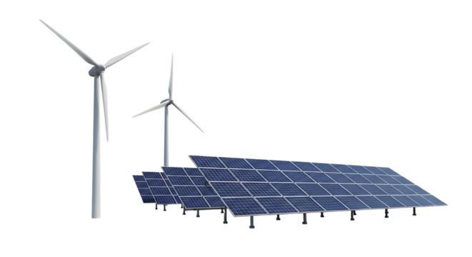 Two white wind turbines and a row of blue solar panels, isolated on white or transparent background. PNG