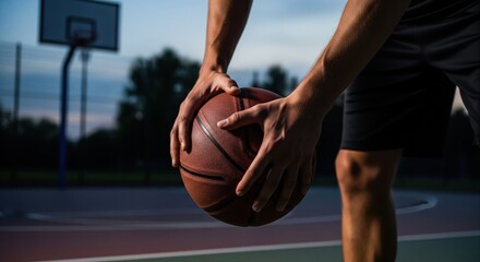 A basketball player holds a ball. Hands grip the ball tightly, preparing to play on a court at twilight