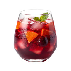 A refreshing sangria in a glass with ice cubes orange slices and a mint garnish on a black background
