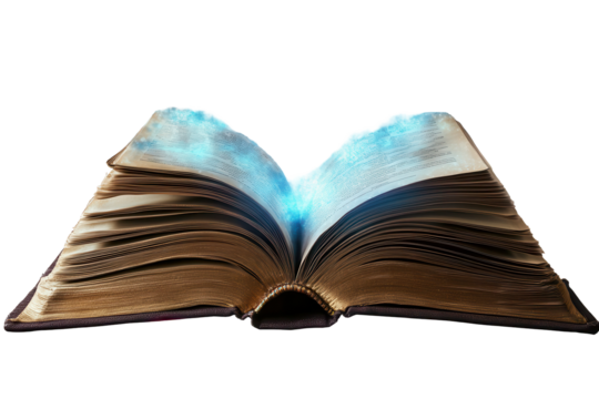 Open book transforming into a portal of knowledge with swirling blue light in a mystical setting