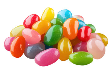 Colorful jelly beans in a variety of shapes and flavors scattered across a white background, displaying their glossy texture and vibrant colors