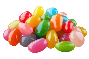 Colorful jelly beans in a variety of shapes and flavors scattered across a white background, displaying their glossy texture and vibrant colors